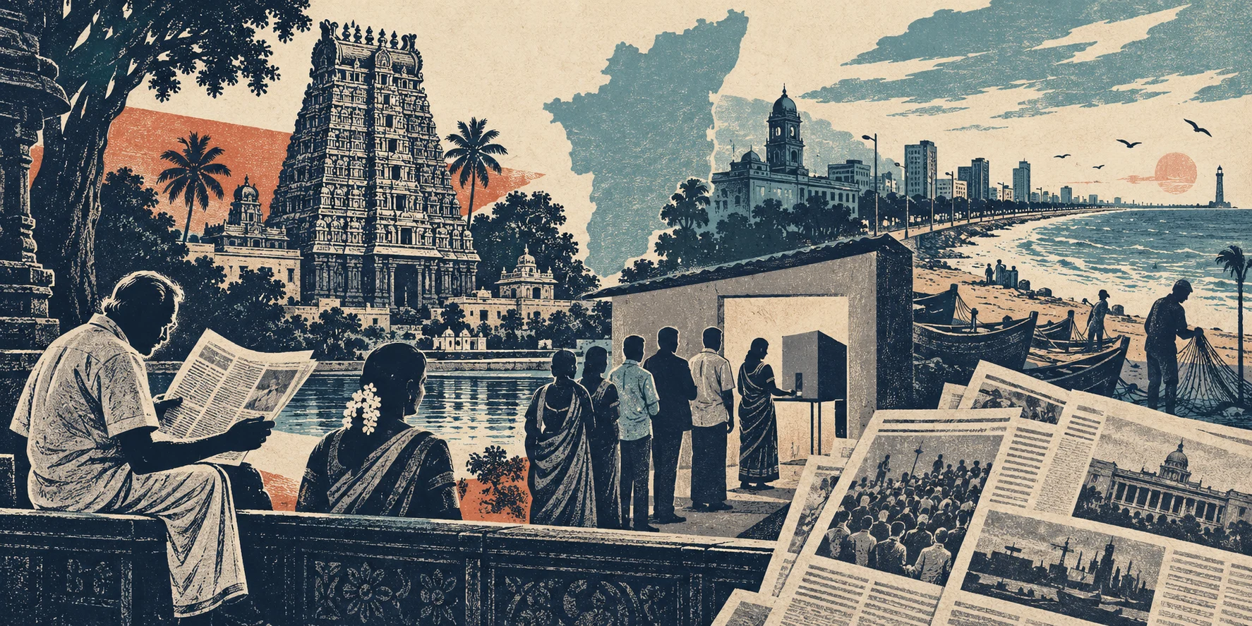 தமிழ்நாட்டின் பொதுவாழ்வைச் சித்தரிக்கும் ஓவியம்: கோயில், சென்னை கடற்கரை, செய்தித்தாள் வாசிப்பவர்கள், வாக்குச்சாவடி.