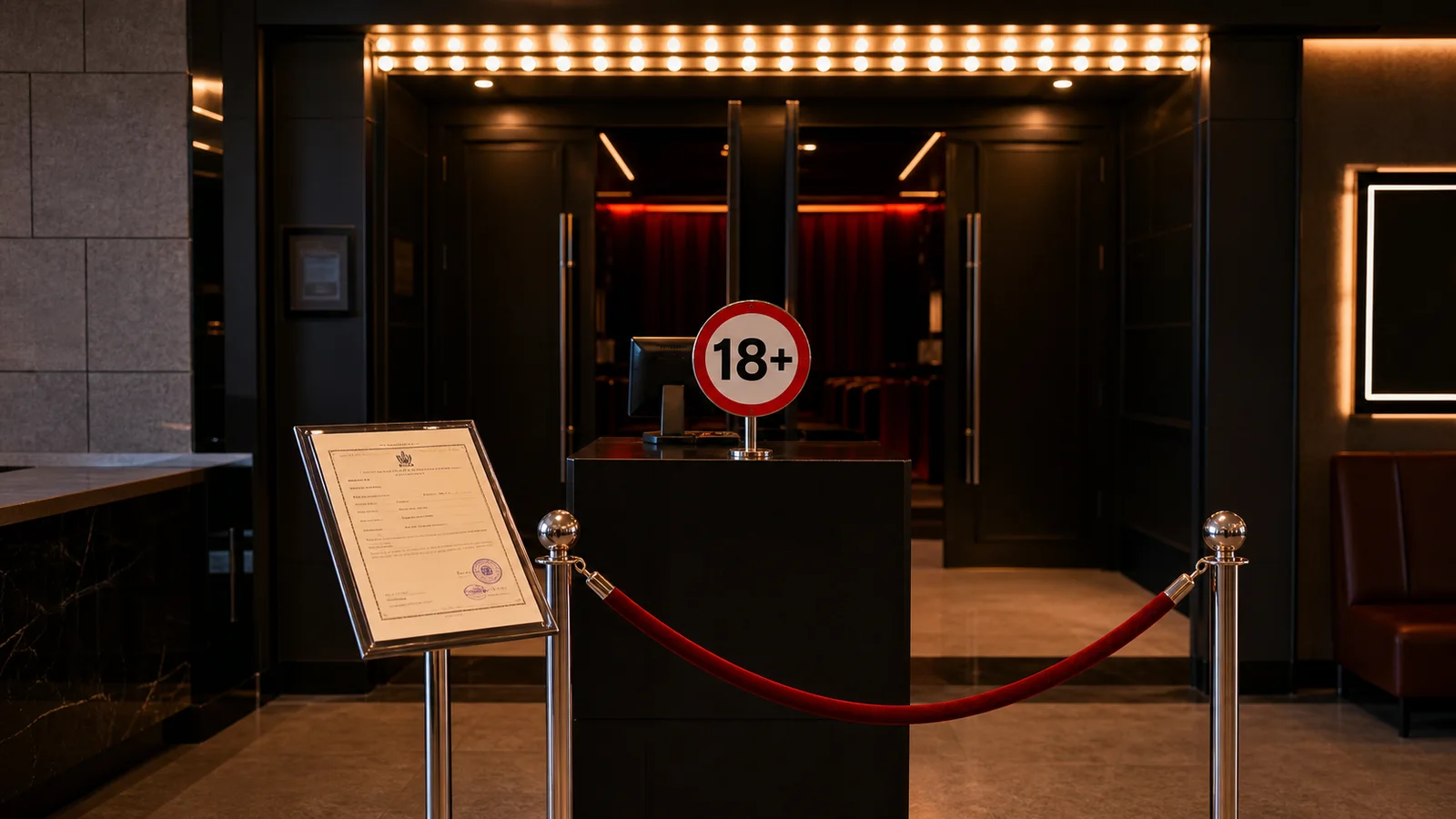Cinema entrance with an adults-only age marker and a red admission rope